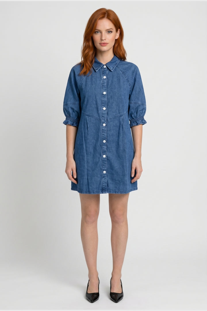 Shirt Dress Women - Button Front Collar Mini with Puffed Sleeves