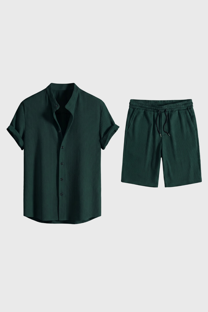 Set Men - Ribbed Button Front Shirt & Drawstring Shorts | Casual