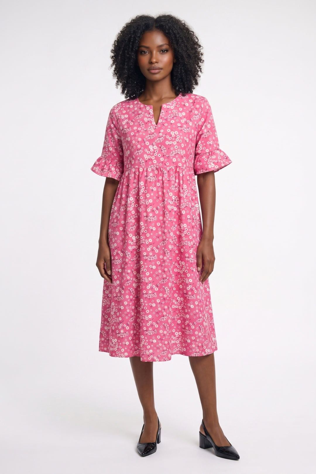 Midi Dress Women - Floral Print Half Sleeves V-Neck | Elegant