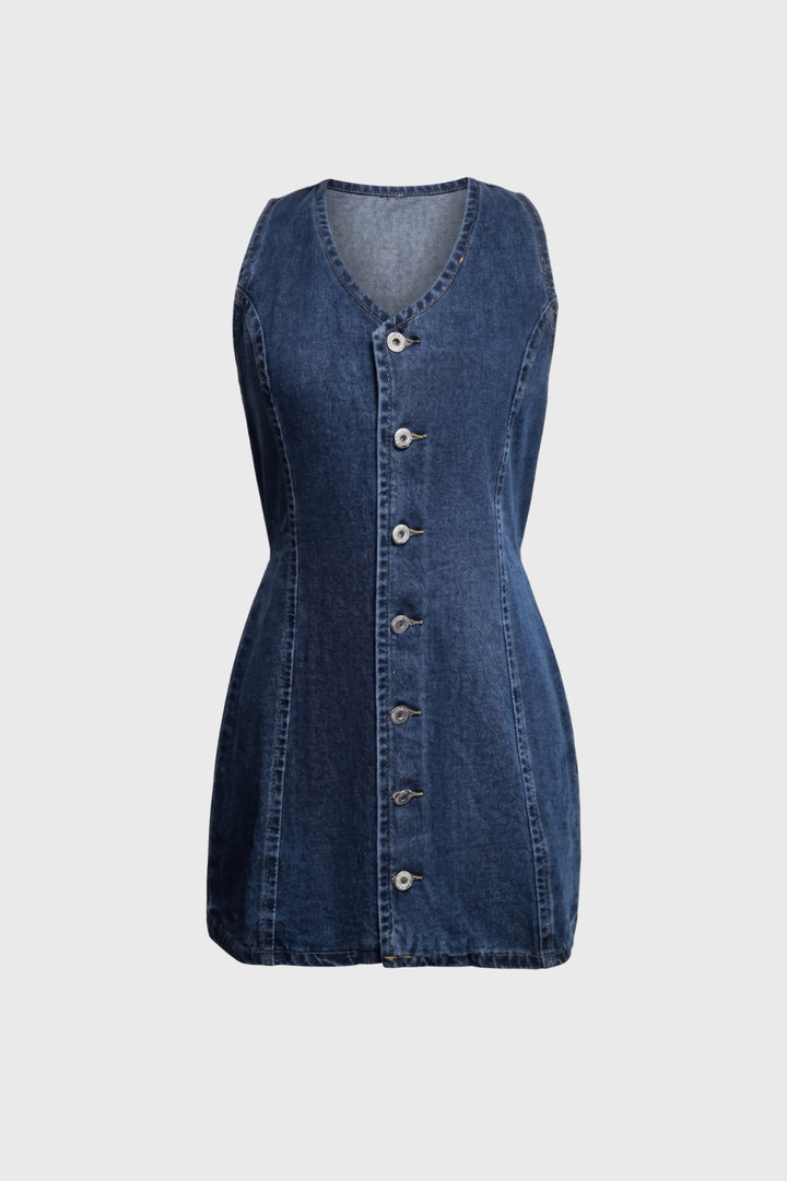 Mini Dress Women - Button Front V Neck Sleeveless | Casual