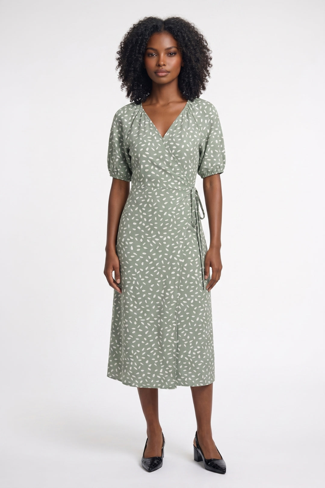Midi Dress Women - V Neck Puff Sleeve Wrap Style | Elegant