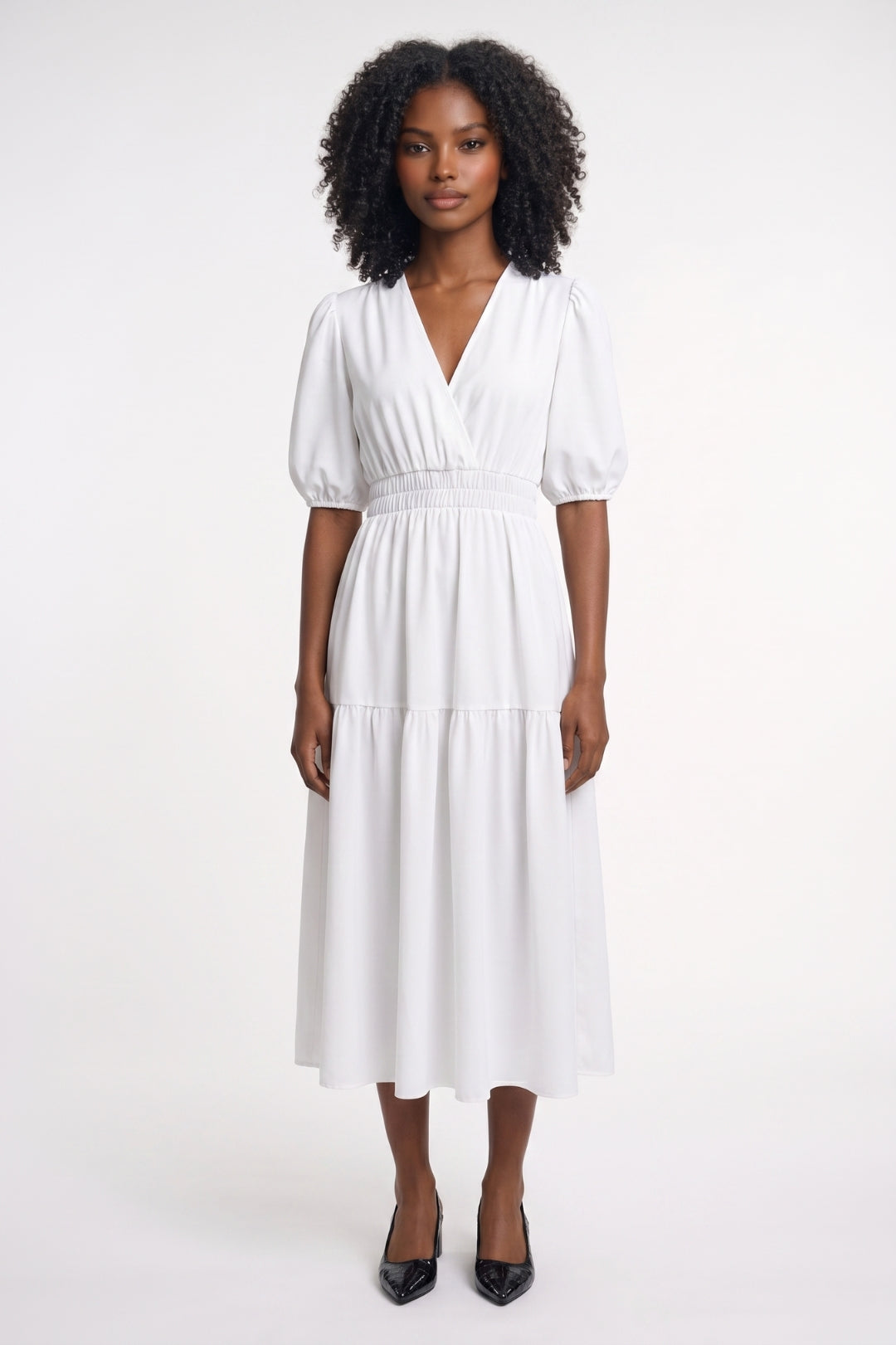 Midi Dress Women - Puff Sleeve V-Neck Tiered | Elegant