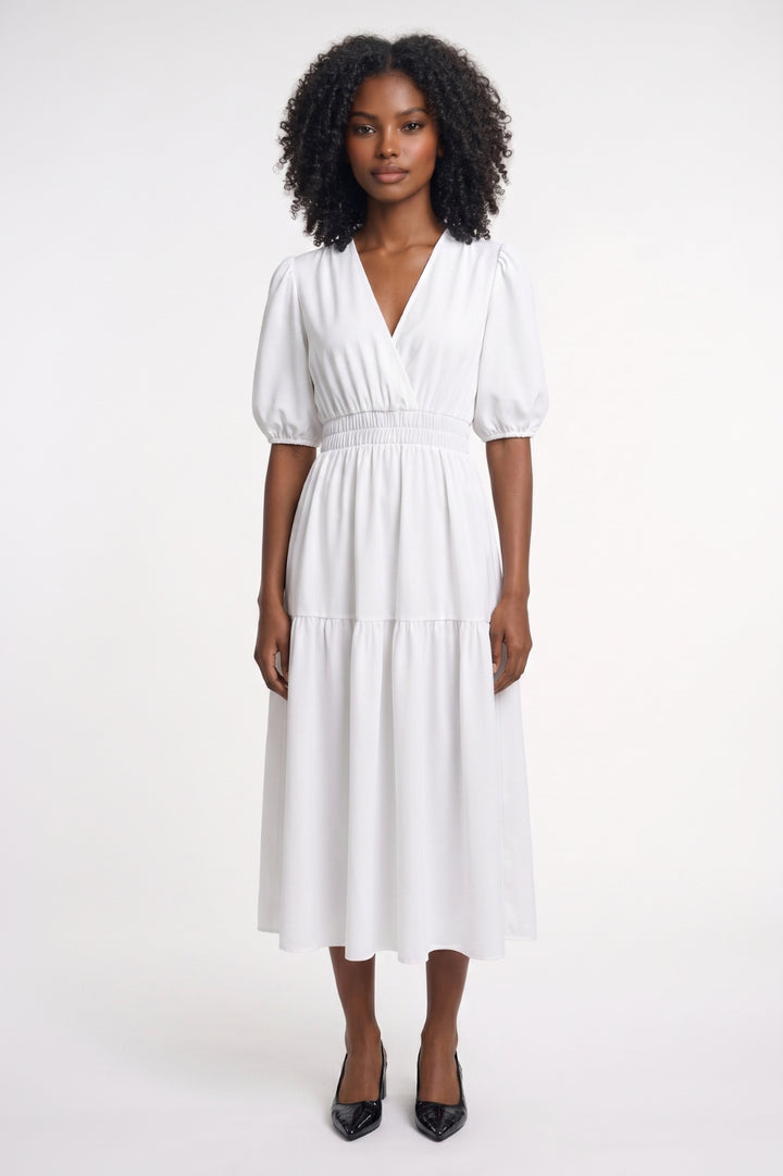 Midi Dress Women - Puff Sleeve V-Neck Tiered | Elegant