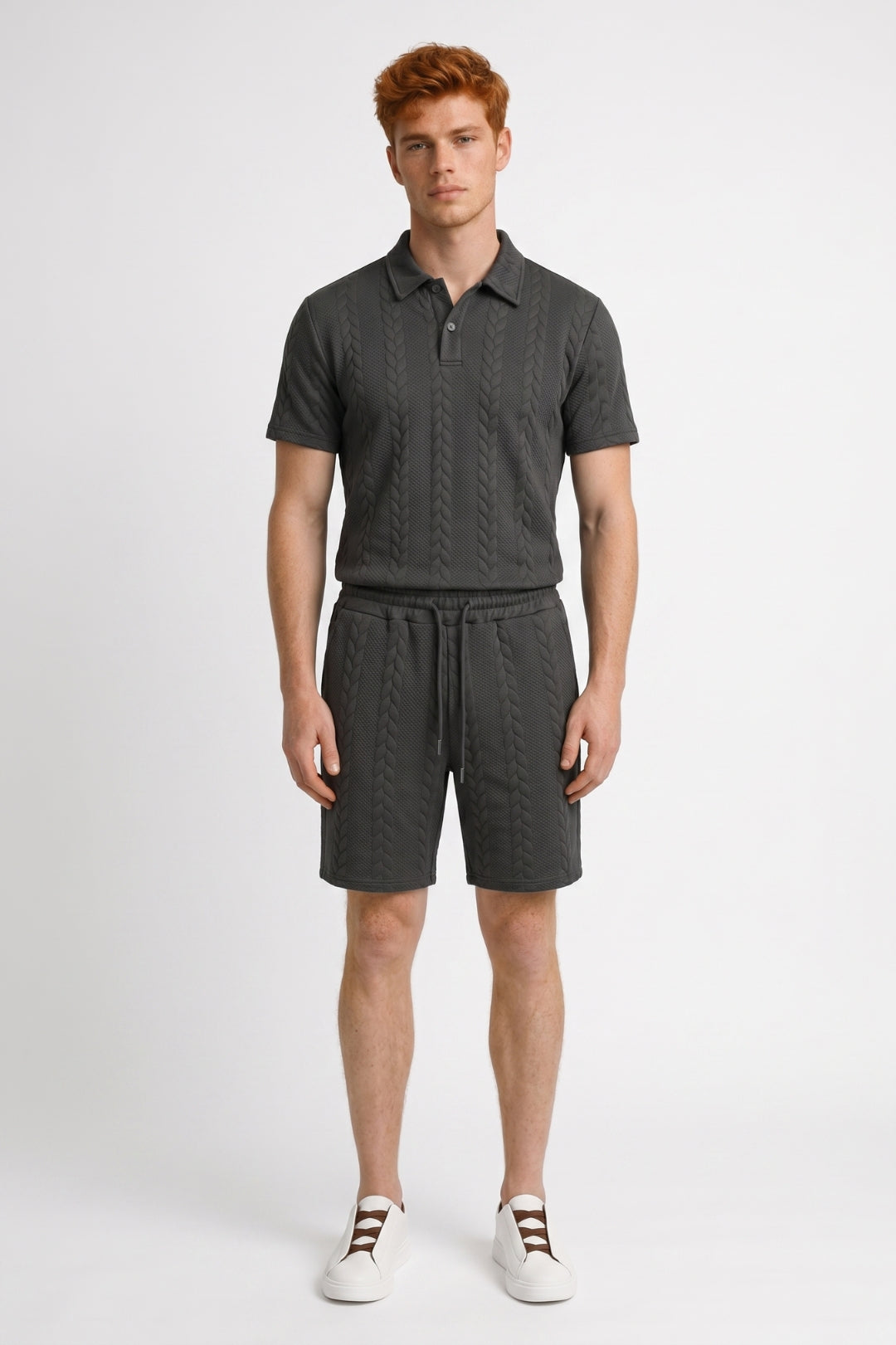 Co-ord Set Men - Cable Knit Texture Polo & Short | Casual
