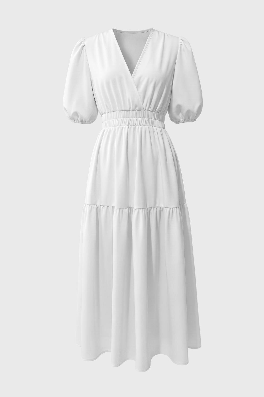 Midi Dress Women - Puff Sleeve V-Neck Tiered | Elegant