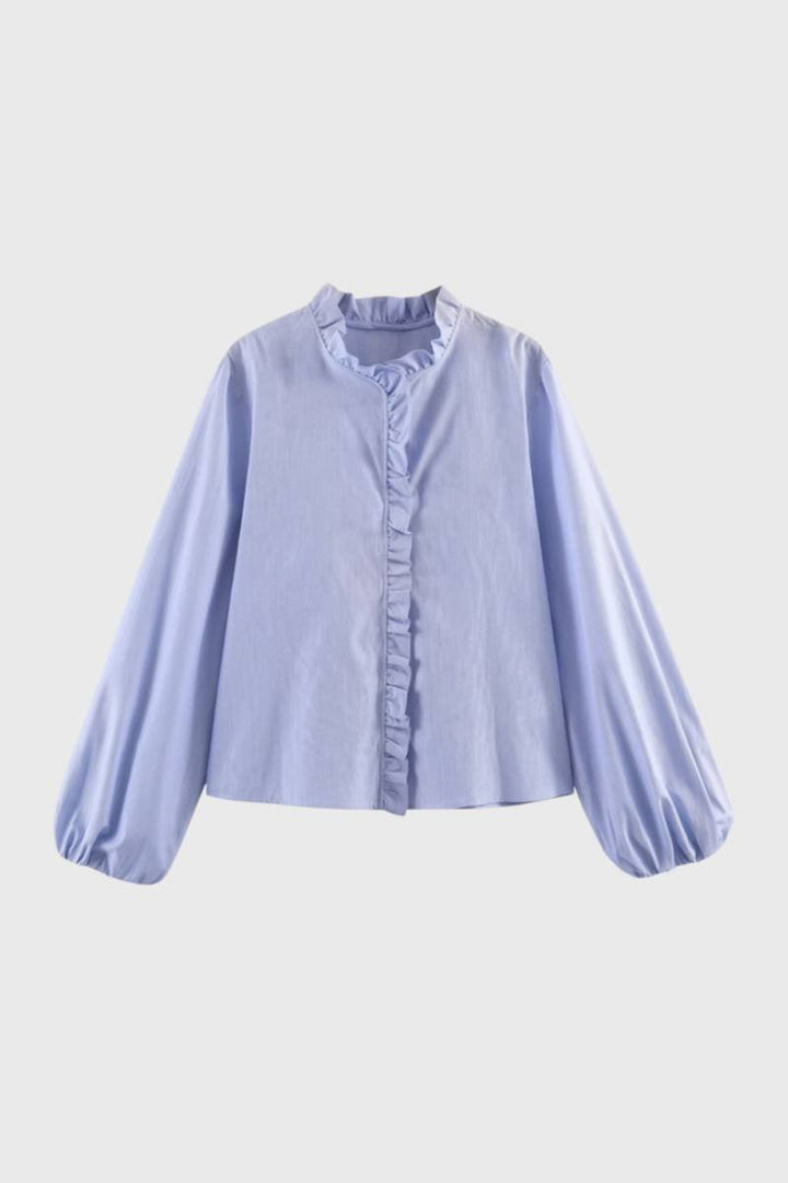 Romantic Blouse | Hip Length Ruffled Design | Smart Casual Elegance - Light Blue