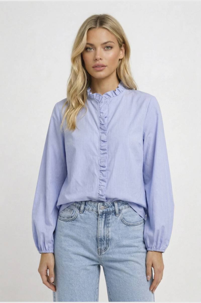 Romantic Blouse | Hip Length Ruffled Design | Smart Casual Elegance - Light Blue