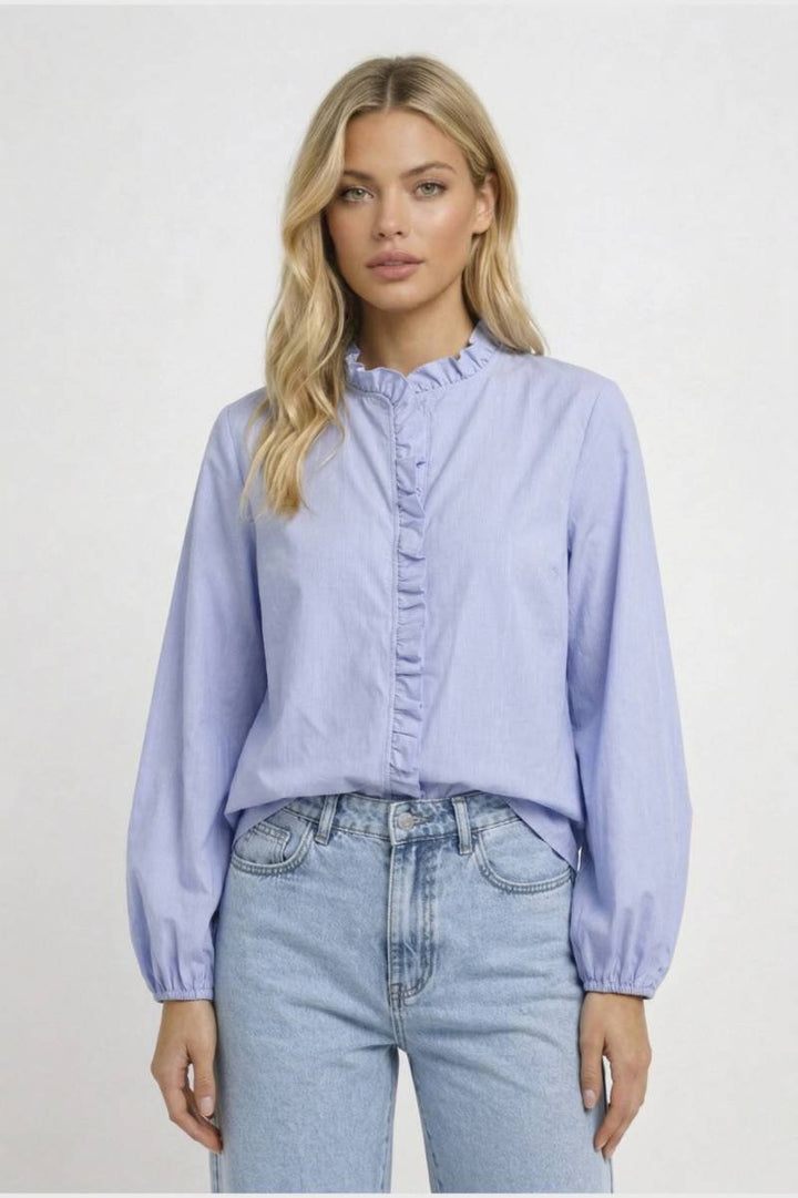 Romantic Blouse | Hip Length Ruffled Design | Smart Casual Elegance - Light Blue