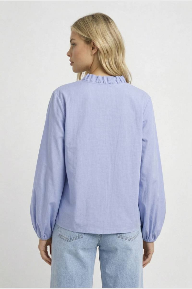 Romantic Blouse | Hip Length Ruffled Design | Smart Casual Elegance - Light Blue