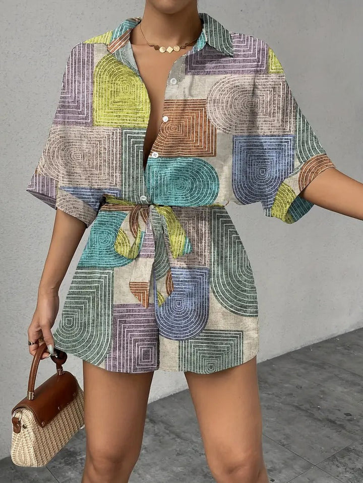 Women's Co-ord Set - Geometric Print Shirt and Shorts Matching Set | Summer