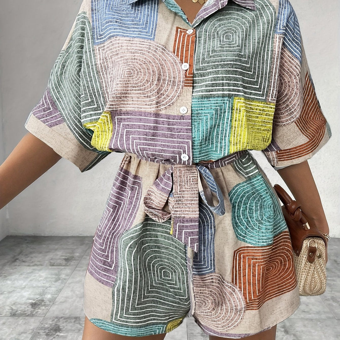 Women's Co-ord Set - Geometric Print Shirt and Shorts Matching Set | Summer