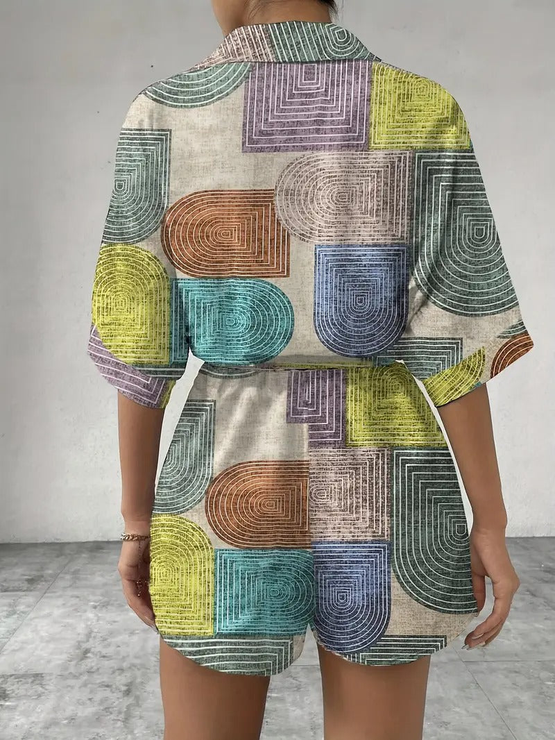 Women's Co-ord Set - Geometric Print Shirt and Shorts Matching Set | Summer