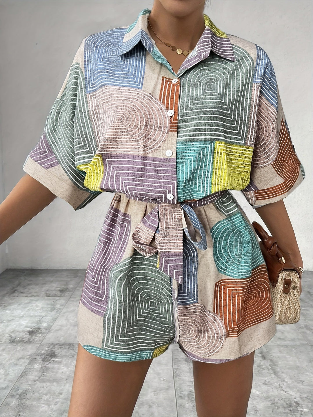 Women's Co-ord Set - Geometric Print Shirt and Shorts Matching Set | Summer