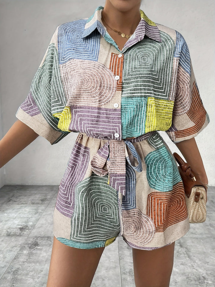 Women's Co-ord Set - Geometric Print Shirt and Shorts Matching Set | Summer