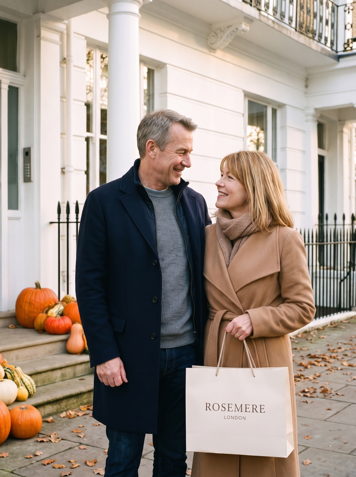 The story of Rosemere London, couple on a London street with pumpkins in autumn