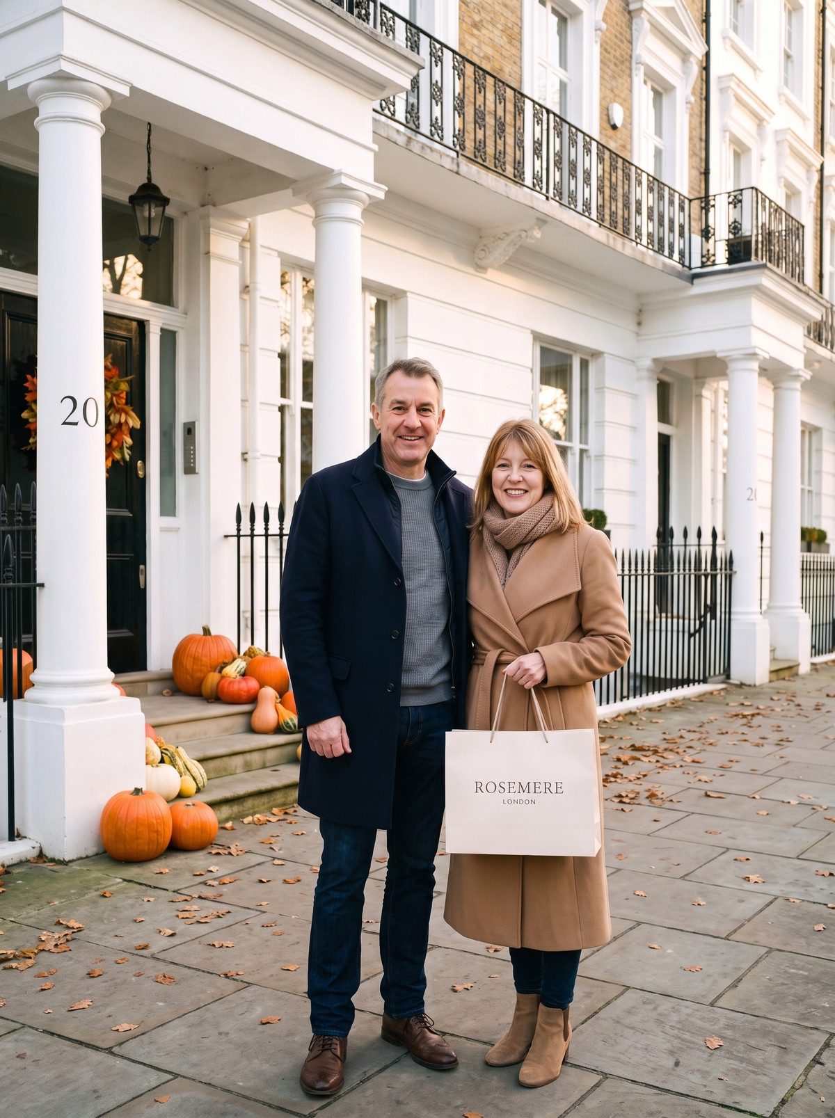 Rosemere London Halloween hero mobile, couple with pumpkins and a Rosemere London shopping bag