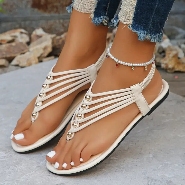 Sandals Women - Flat Toe Post Multi-Strap Gold Bead Detail | Summer
