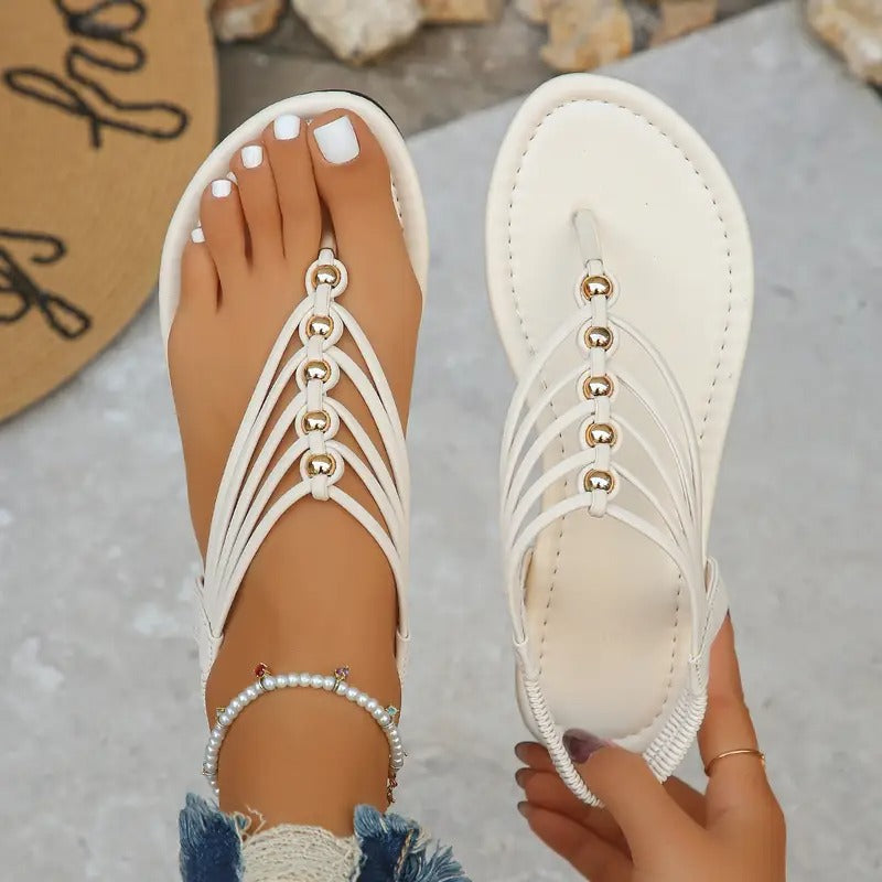 Sandals Women - Flat Toe Post Multi-Strap Gold Bead Detail | Summer