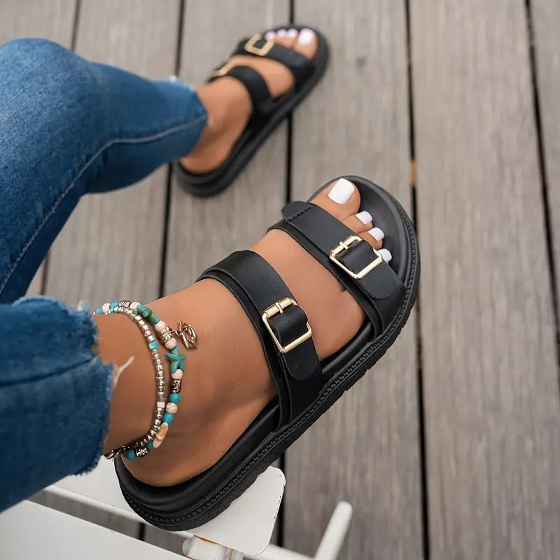 Women's Sandals - Chunky Platform Double Buckle Strap Open Toe | Summer
