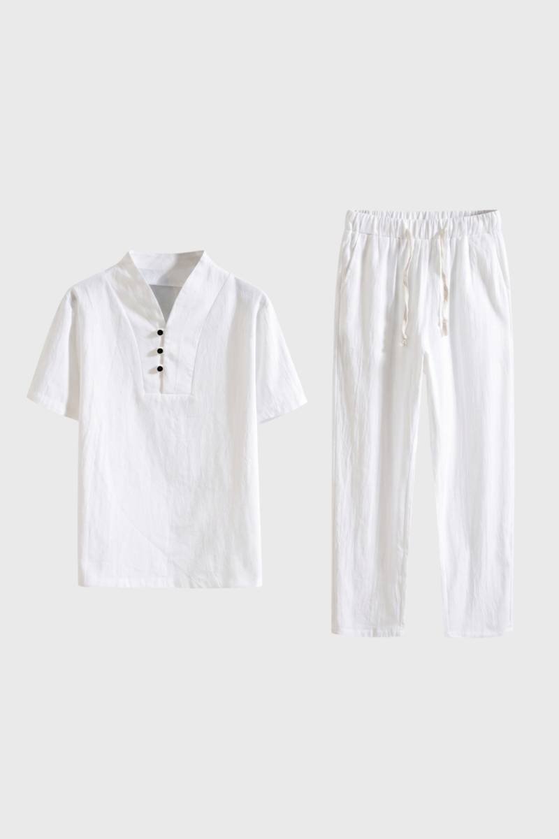 Set Men - Button Up Short Sleeve with Elastic Waist | Casual — White