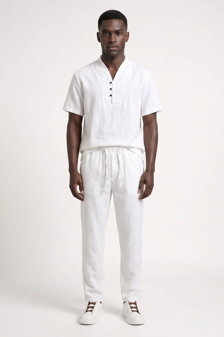Set Men - Button Up Short Sleeve with Elastic Waist | Casual — White