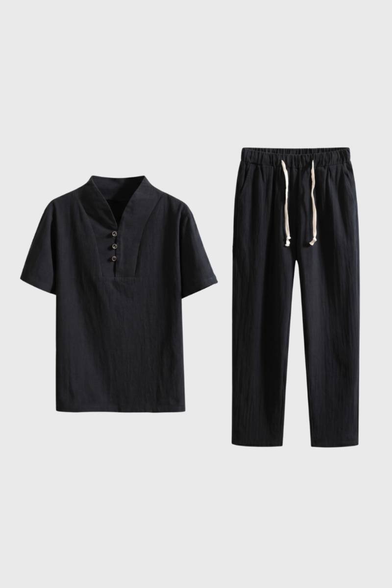 Set Men - Button Up Short Sleeve with Elastic Waist | Casual — Black