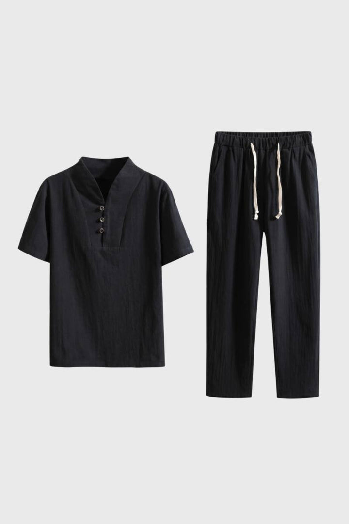 Set Men - Button Up Short Sleeve with Elastic Waist | Casual — Black