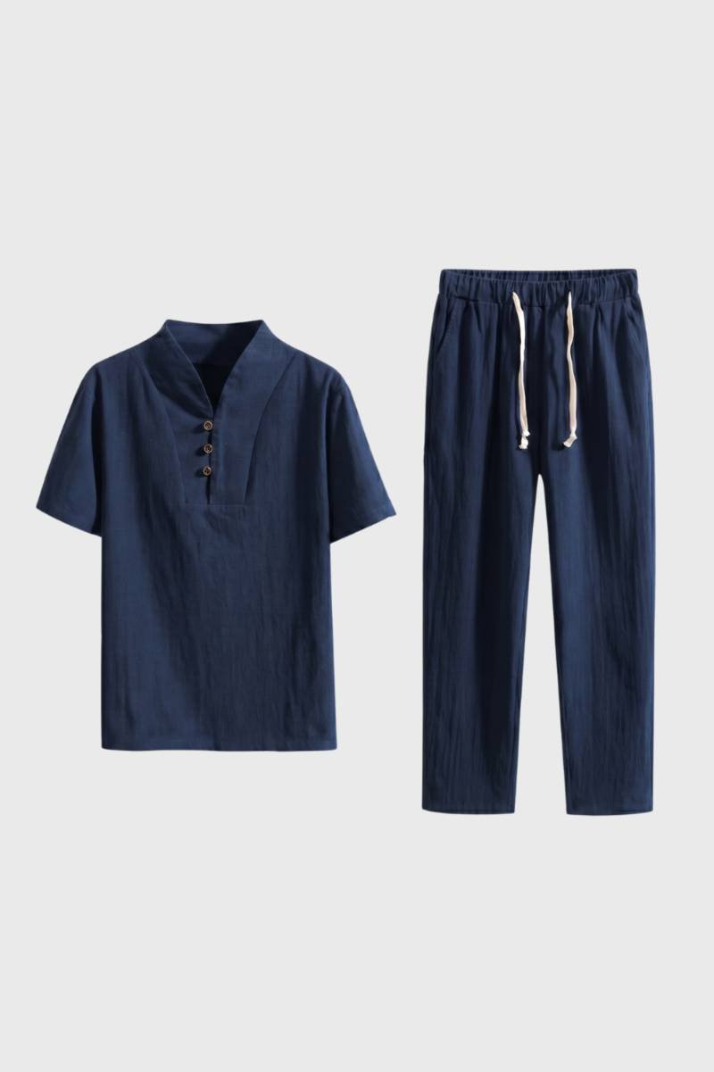 Set Men - Button Up Short Sleeve with Elastic Waist | Casual — Navy