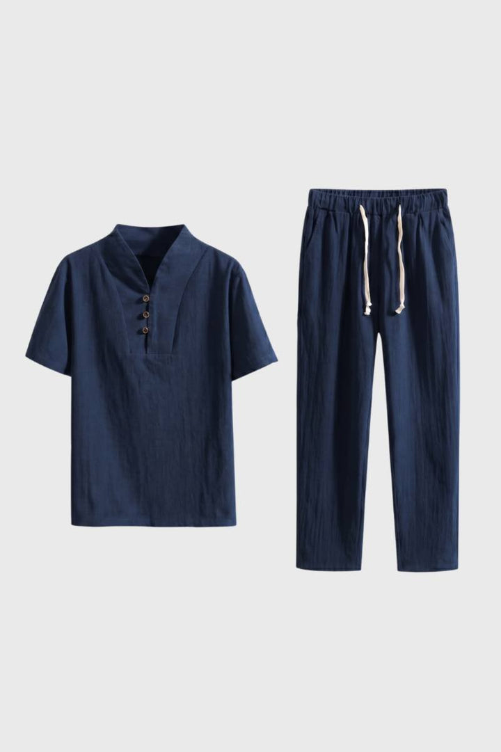 Set Men - Button Up Short Sleeve with Elastic Waist | Casual — Navy