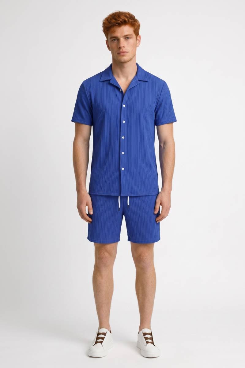 Set Men - Textured Short Sleeve Shirt & Shorts | Smart Casual — Blue