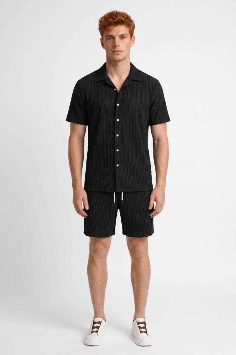 Set Men - Textured Short Sleeve Shirt & Shorts | Smart Casual — Black