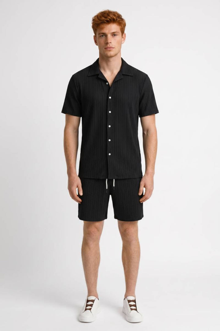 Set Men - Textured Short Sleeve Shirt & Shorts | Smart Casual — Black