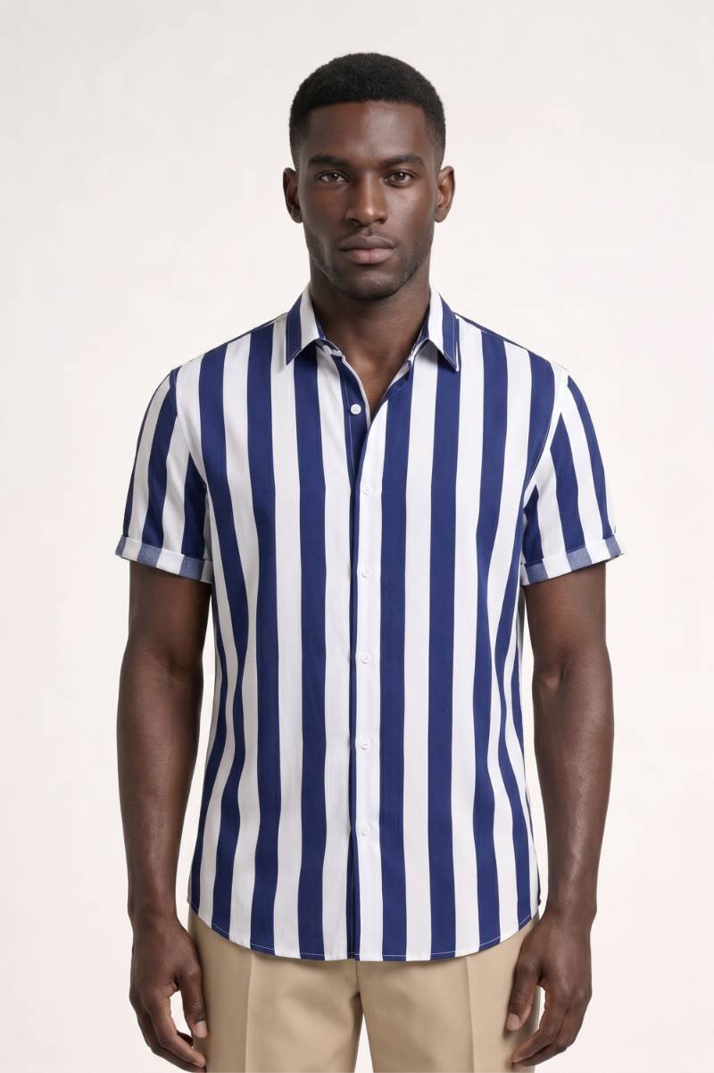 Shirt Men - Striped Button Down Short Sleeve | Classic — Striped Navy