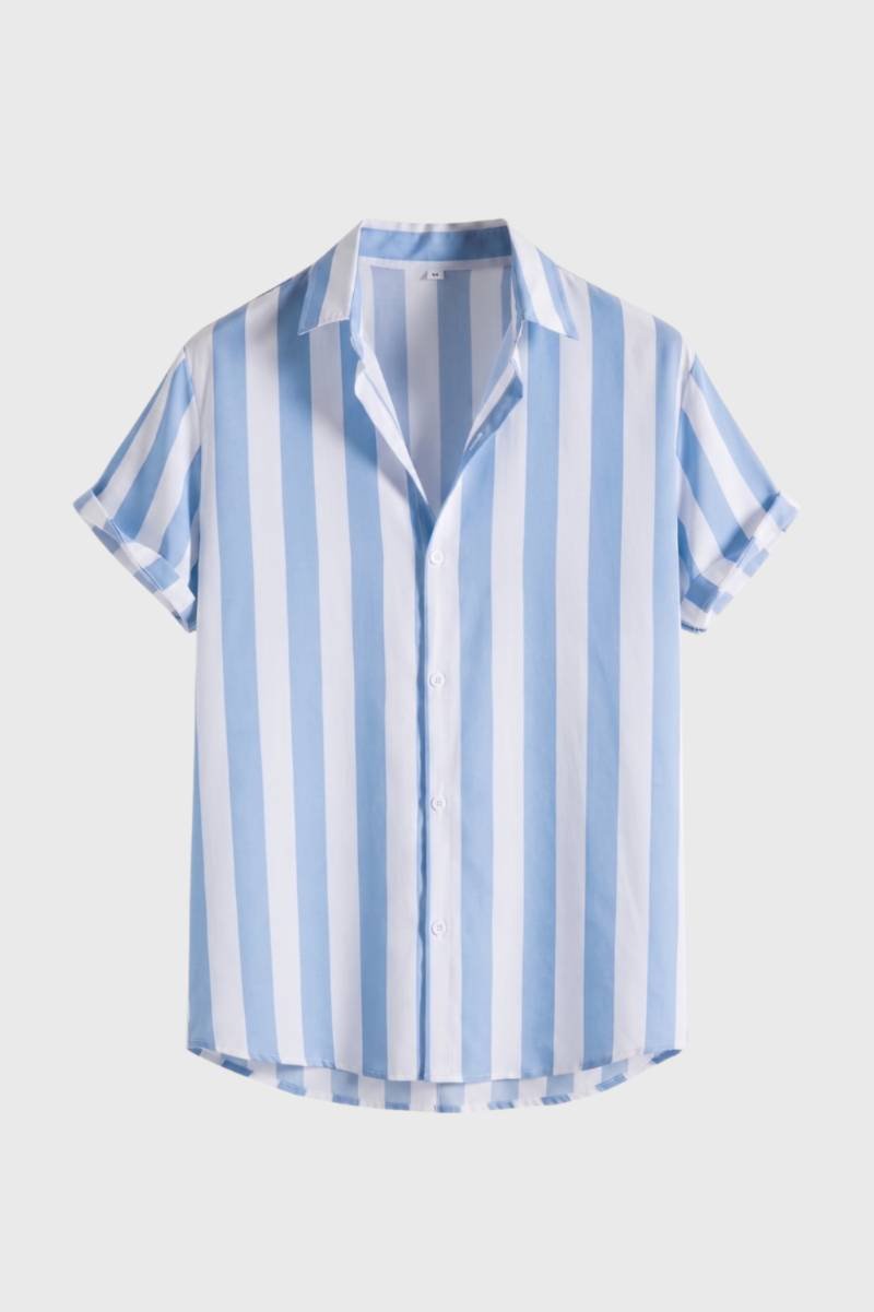 Shirt Men - Striped Button Down Short Sleeve | Classic — Striped Light Blue