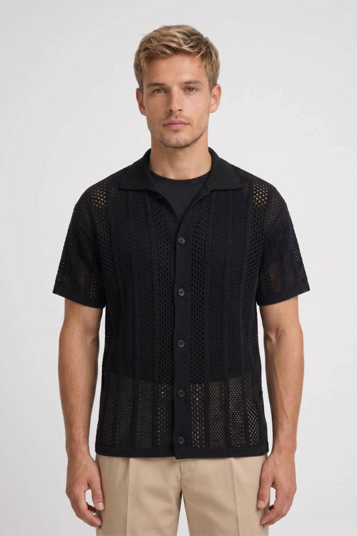 Shirt Men - Textured Knit Button Front | Contemporary — Black