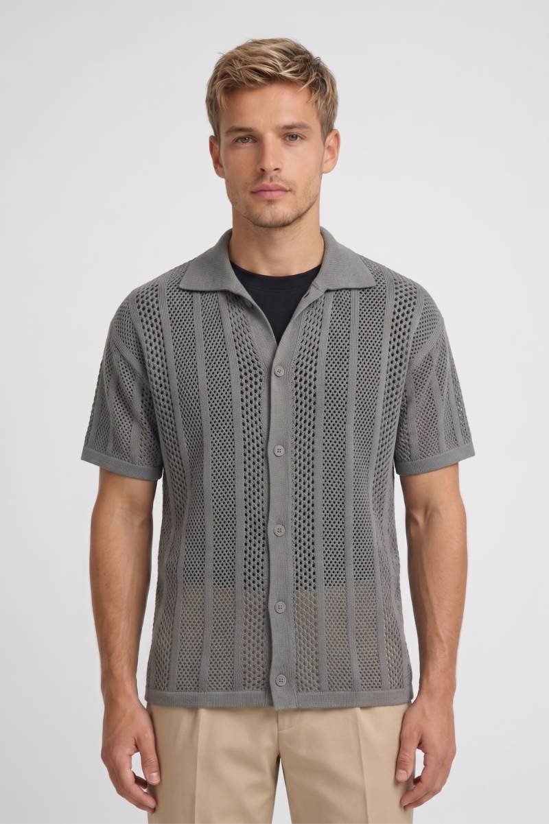 Shirt Men - Textured Knit Button Front | Contemporary — Grey