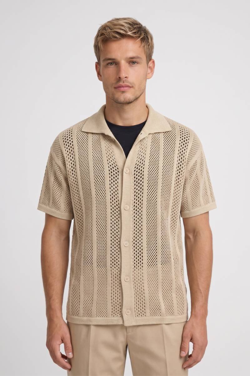 Shirt Men - Textured Knit Button Front | Contemporary — Beige