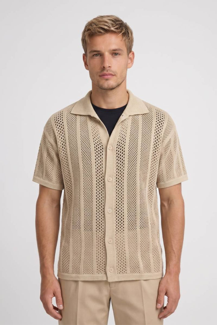Shirt Men - Textured Knit Button Front | Contemporary — Beige