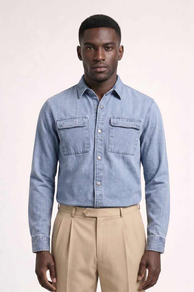 Shirt Men - Vintage Washed Two Pocket Design | Classic Casual — Light Blue