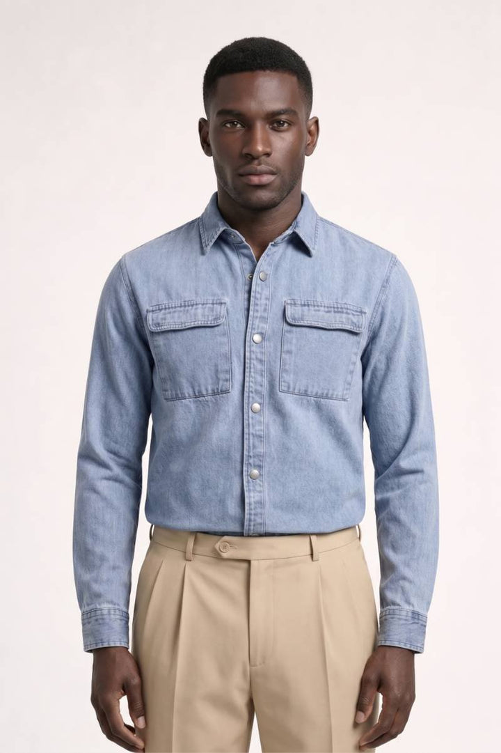 Shirt Men - Vintage Washed Two Pocket Design | Classic Casual — Light Blue