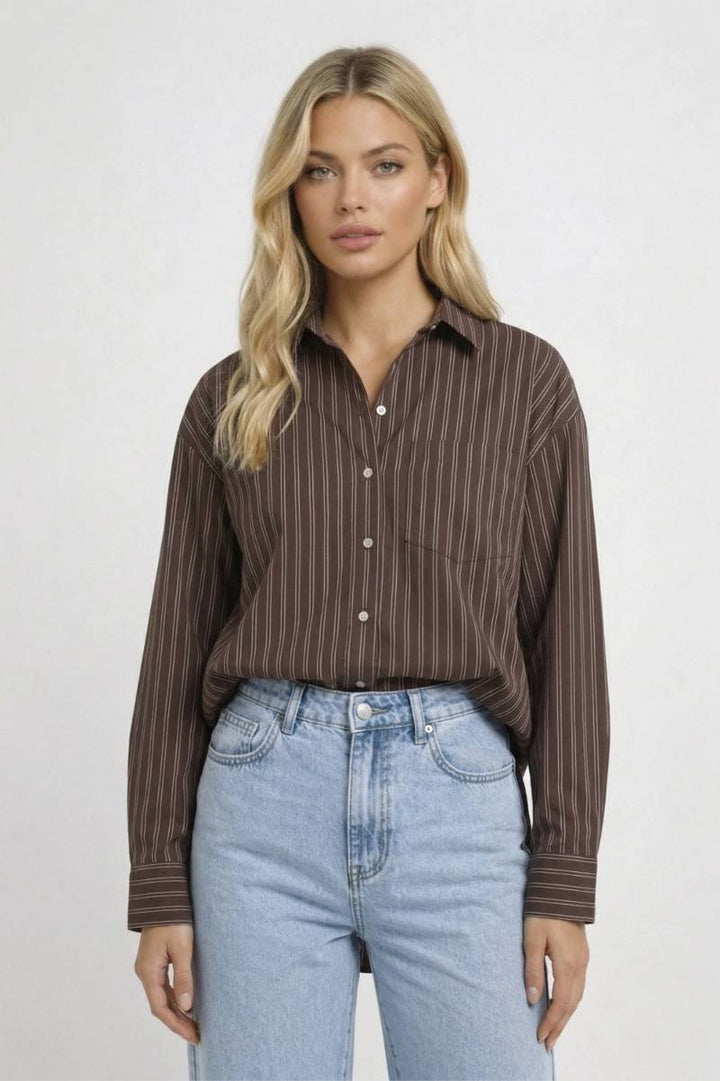 Shirt Women's - Oversized Striped Long Sleeve | Professional — Striped Brown