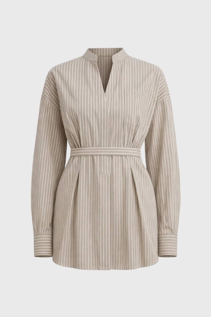 Shirt Women - Striped Oversized Belted with Stand Collar | Vintage - Striped Taupe