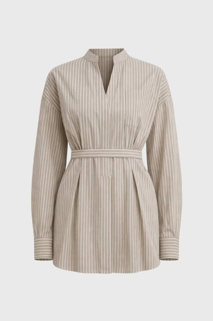 Shirt Women - Striped Oversized Belted with Stand Collar | Vintage - Striped Taupe