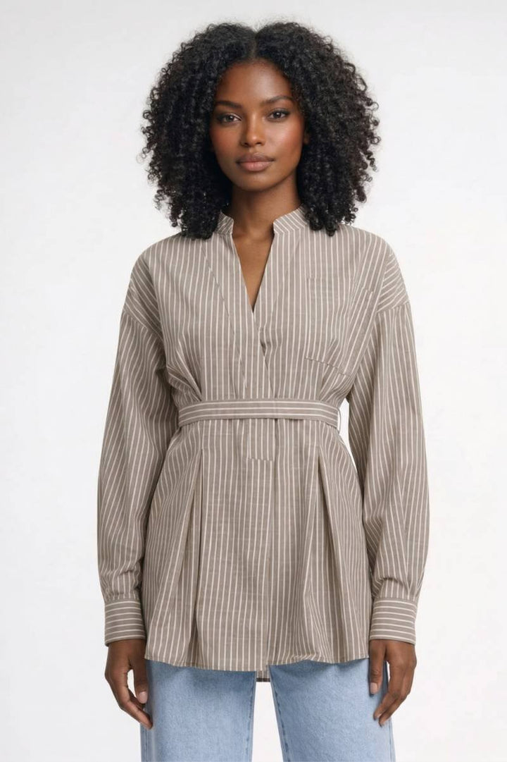 Shirt Women - Striped Oversized Belted with Stand Collar | Vintage - Striped Taupe