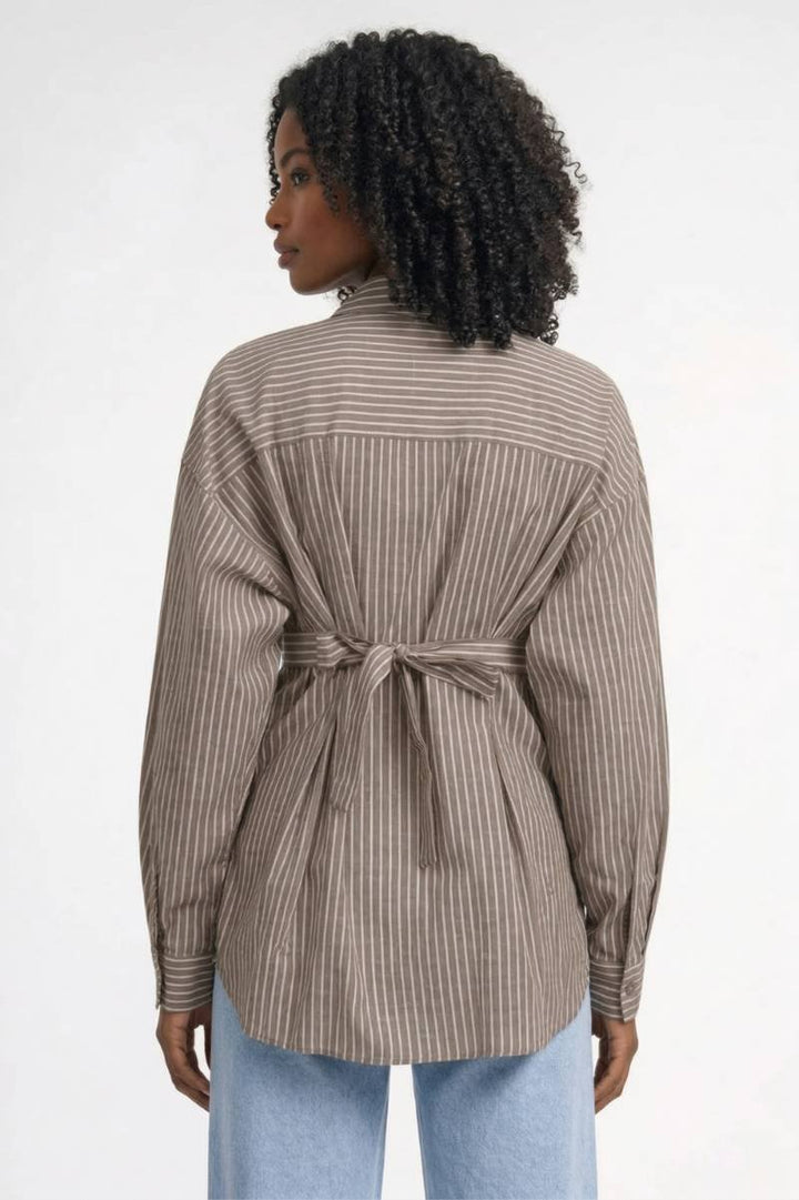 Shirt Women - Striped Oversized Belted with Stand Collar | Vintage - Striped Taupe