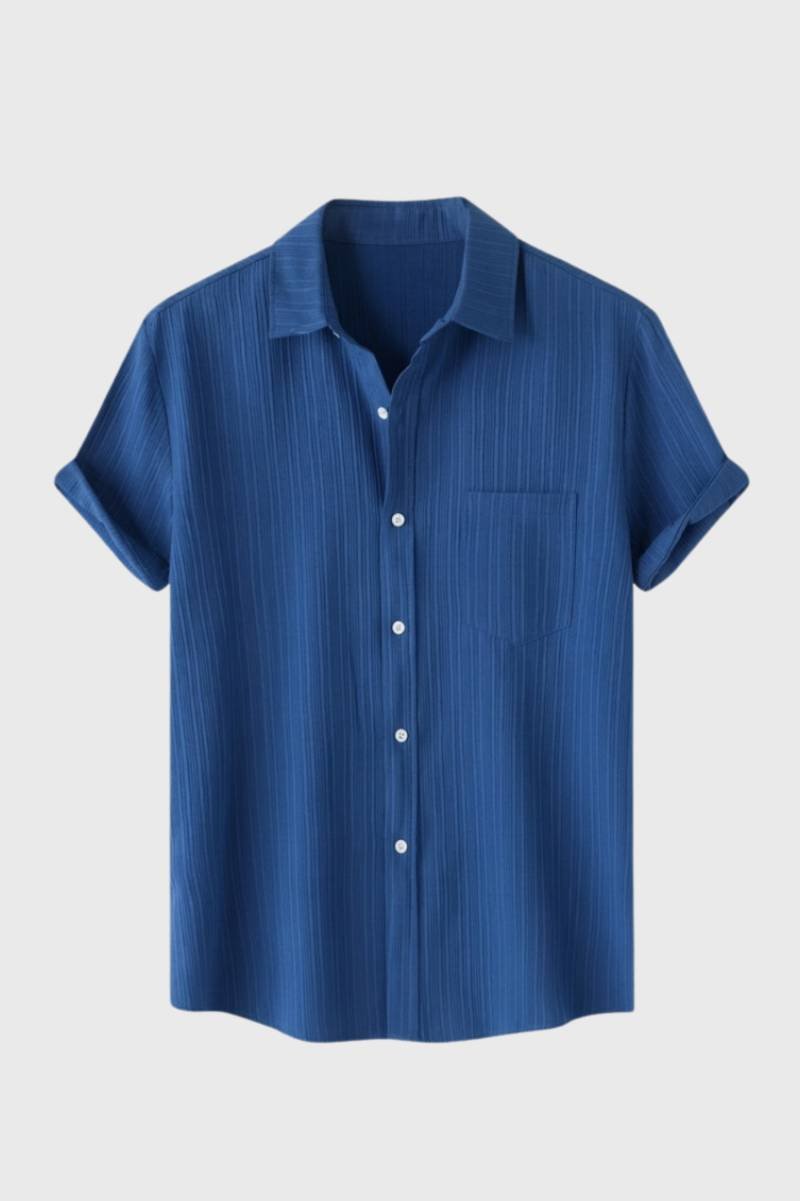 Short Sleeve Shirt Men - Casual Textured | Button Up Comfort - Striped Blue