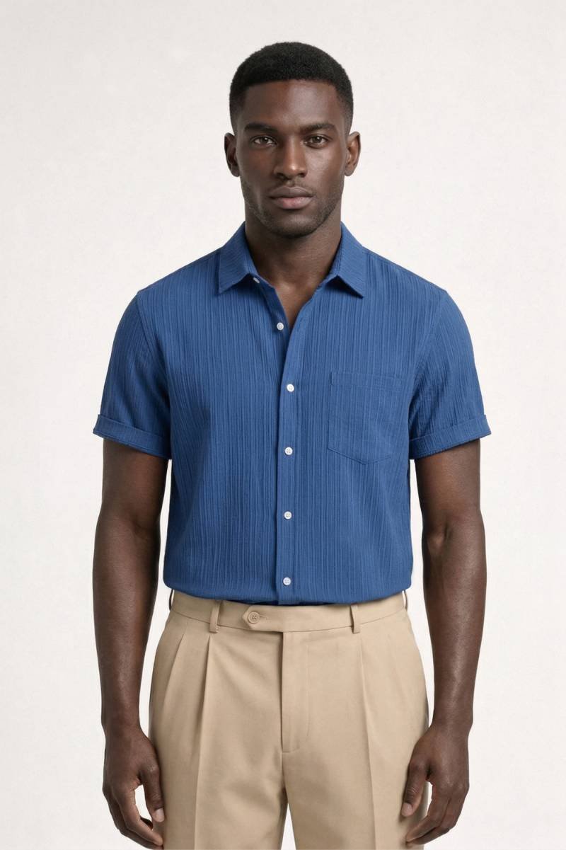 Short Sleeve Shirt Men - Casual Textured | Button Up Comfort - Striped Blue