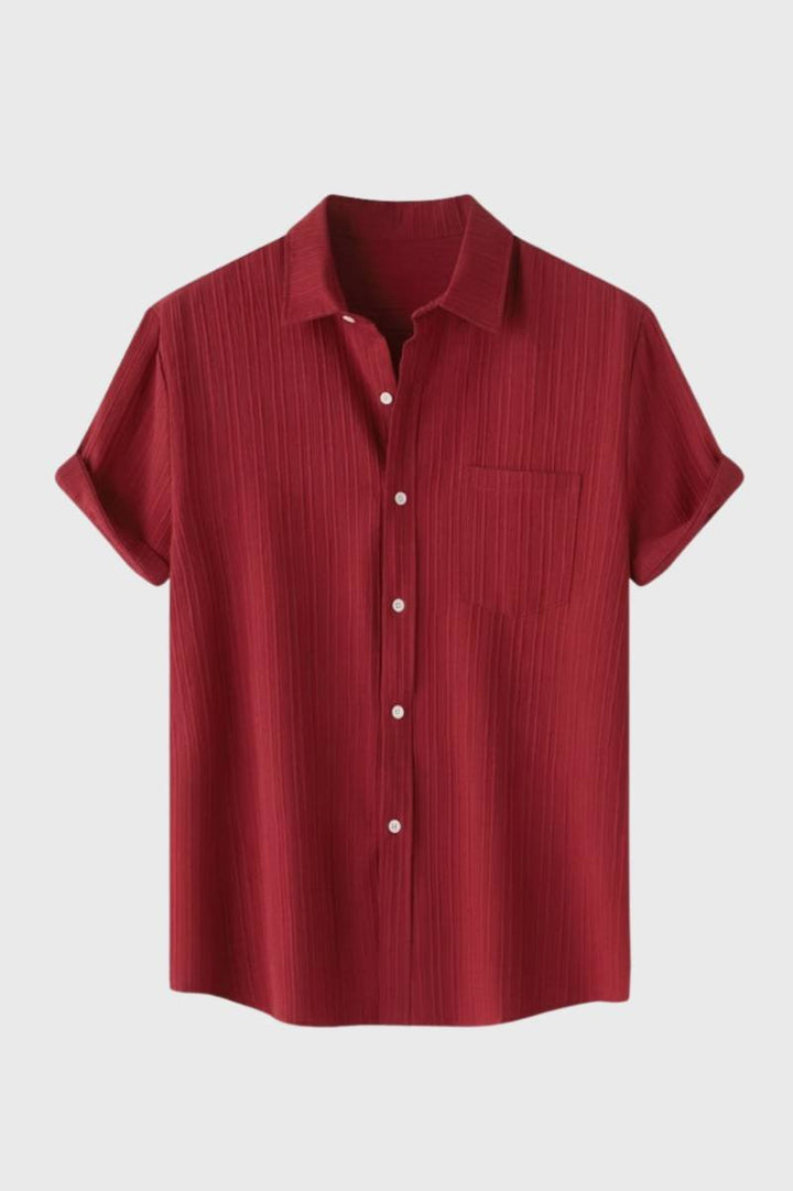 Short Sleeve Shirt Men - Casual Textured | Button Up Comfort - Striped Red