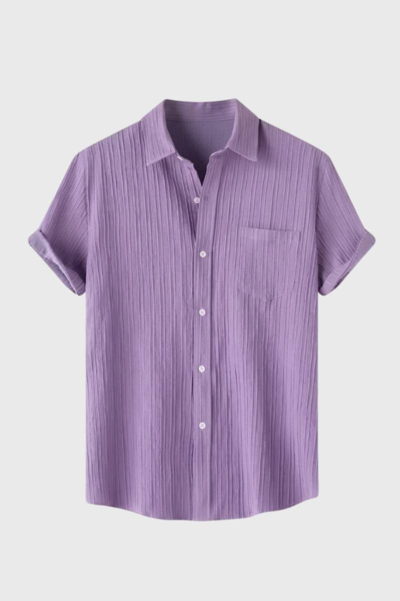Short Sleeve Shirt Men - Casual Textured | Button Up Comfort - Striped Purple