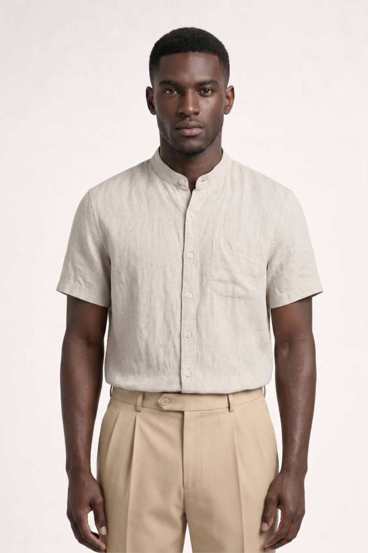 Short Sleeve Shirt Men - Stand Collar Button Down | Classic — Beige